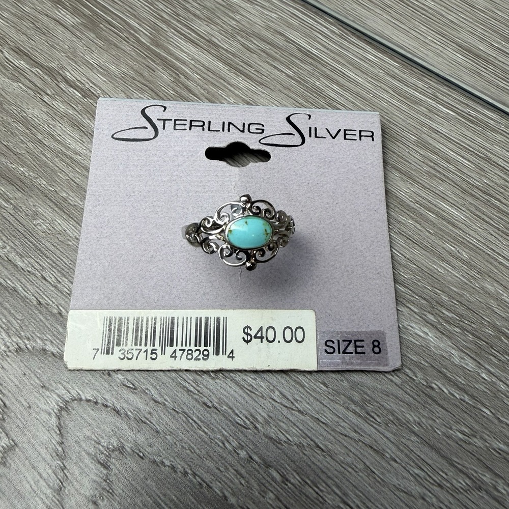 Turquoise Filigree Ring .925 Sterling Silver Oval Stone Sizeโ 8 New